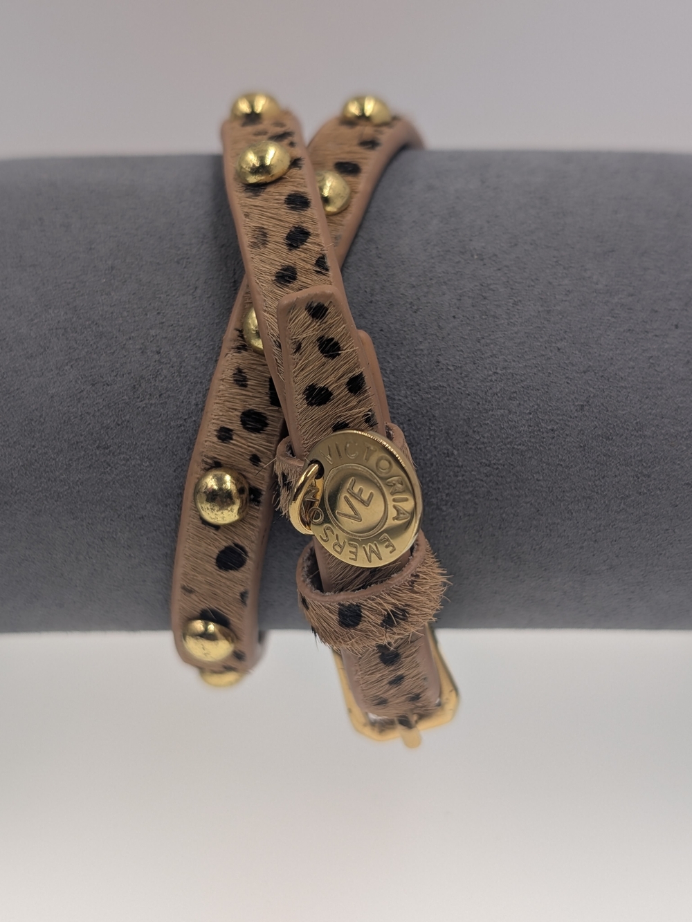 Victoria Emerson Leopard Print Calf Hair Gold Studded Double Wrap Bracelet 0228
